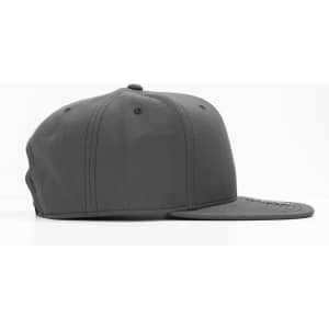 A grey cap with a flat brim and a subtle logo on the side. The cap has a structured design.