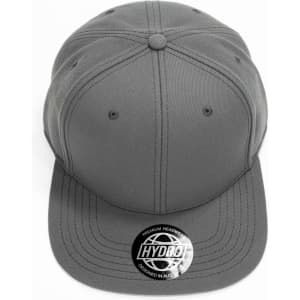 A grey cap with a structured design, featuring a logo on the front. It has a curved brim and six panels.