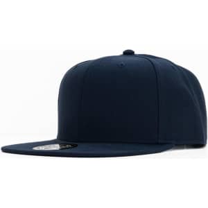 A navy cap with a flat brim and a logo on the front. The cap has a structured design.