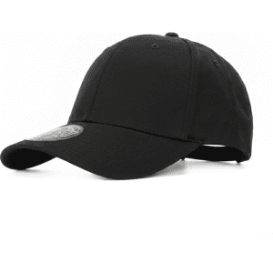 A black six-panel polyester stretch cap with an adjustable strap and a logo on the front.