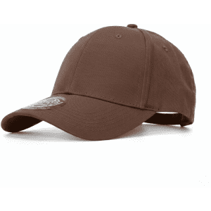 A brown six-panel polyester stretch cap with an adjustable strap and a logo on the front.