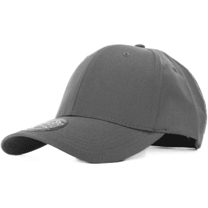 A grey polyester stretch cap featuring a round logo on the front. Designed with six panels.