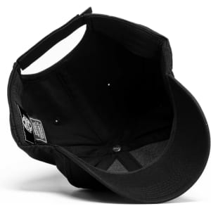A black cap with a curved brim, featuring an interior view that highlights its design and stitching.