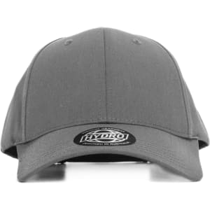 A grey cap with a curved brim and a logo on the front.