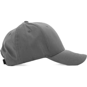 A grey cap with a curved brim and an adjustable strap at the back, featuring a logo on the front.