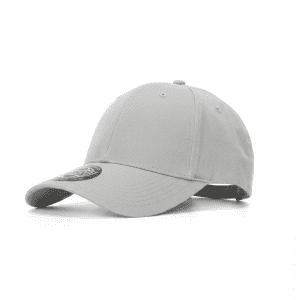 A light grey polyester stretch cap with a curved brim and a logo on the front.