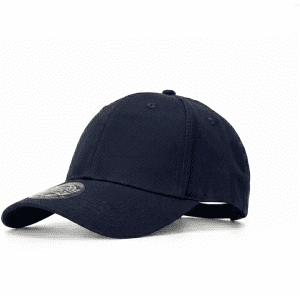A navy blue polyester stretch cap with a logo on the front, featuring a six-panel design and curved brim.