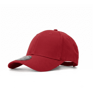 A red six-panel polyester stretch cap with a logo on the front, featuring a curved brim and adjustable strap.