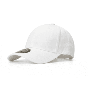 A white polyester stretch cap featuring a curved brim and a logo on the front.