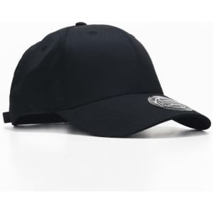 A black cap with a curved brim and an adjustable strap, featuring a round logo on the front.