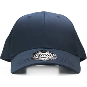 A navy cap with a curved brim and a logo on the front.