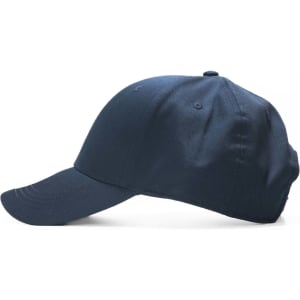 A dark navy cap with a curved brim and a logo on the side. Perfect for headwear promotions.