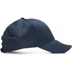 A navy blue cap with a curved brim and an adjustable strap, featuring a logo on the side.