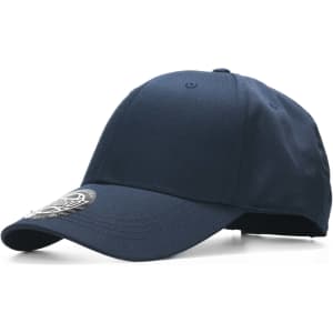 A navy cap featuring a logo on the front, designed as headwear.