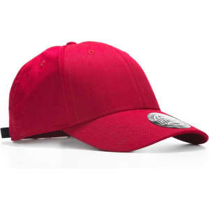 A red cap with a curved brim and a round logo on the front, positioned at an angle.
