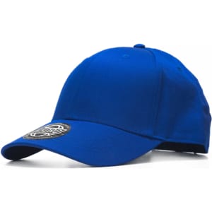 A blue cap with a curved brim and a logo on the front. The design is simple and classic.