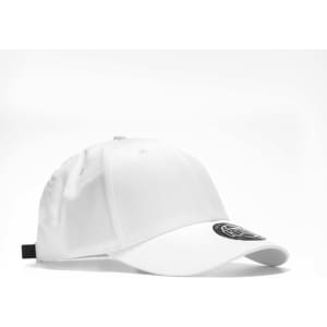 A white cap with a curved brim and a logo on the front.