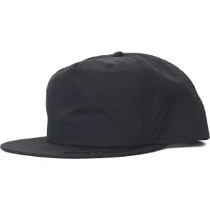A black cap with a flat brim and a logo, featuring a structured design and a side profile view.