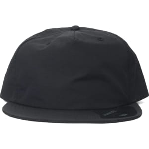 A black cap with a flat brim and a fabric button on top, featuring a branding logo.