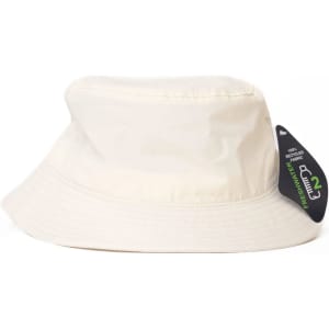 A cream bucket hat with a logo tag, featured in the headwear category.