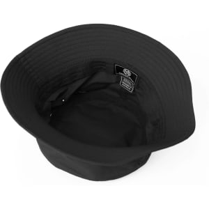 A black bucket hat with a wide brim and an interior label, featuring a simple design.