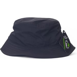 A black bucket hat with a branded tag, featuring a wide brim and a simple design.