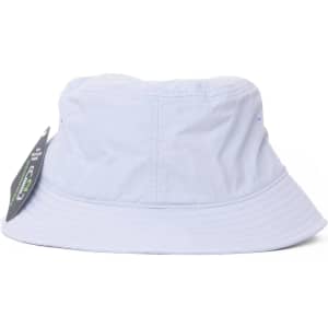 A light blue bucket hat with a wide brim; features a tag with branding.