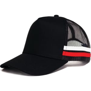 A black cap with a mesh back, featuring red and white striped detailing on the side, and a branded logo.