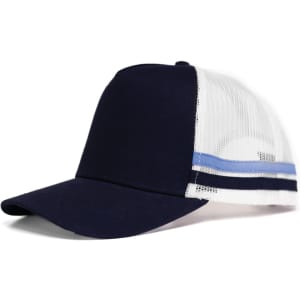 A navy blue and white cap featuring a mesh design and side stripes, with a logo on the front.