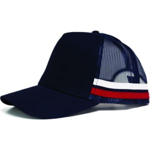 A navy cap with a mesh back and red, white, and blue stripes. Features a logo.