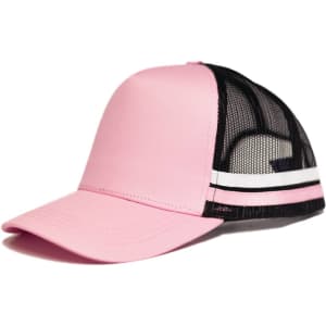 A pink and black cap featuring a mesh back and a white stripe design. It also has a logo on the front.
