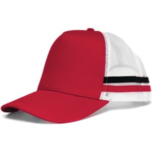 A red cap with a white mesh back and black stripes, featuring a logo on the front.