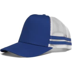 A blue cap with a white mesh back, featuring two horizontal stripes and a logo on the front.