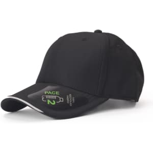 A black cap featuring a logo and a curved brim, designed for promotional purposes.
