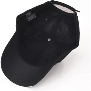 A black cap featuring a structured brim and an interior lining, with a logo on the underside of the brim.