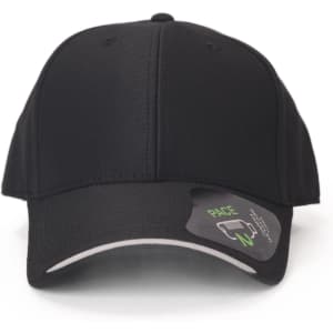 A black cap with a structured design and a branded tag attached.