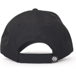 A black cap with a curved brim, featuring an adjustable strap and a small logo on the back.