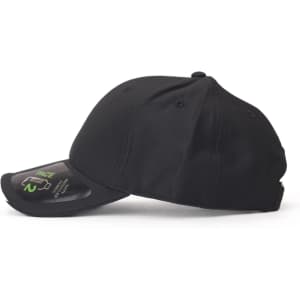 A black cap featuring a structured design and a branded logo on the visor.