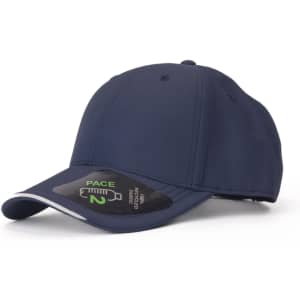 A navy blue cap with a curved brim, featuring a logo and a structured design.
