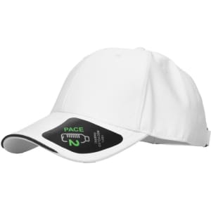 A white cap featuring a branded logo and contrasting black visor. Ideal for headwear promotions.