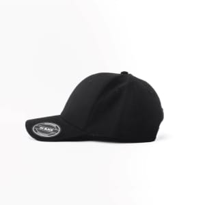 A black cap with a curved brim and a logo on the front.