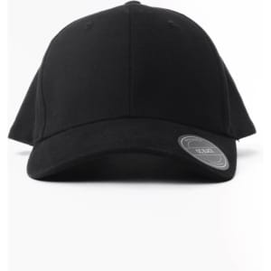 A black cap featuring a logo, designed for casual wear and comfort.