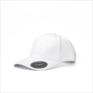 A white cap with a curved brim and a branding tag on the side.
