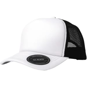 A trucker cap featuring a white front panel and black mesh back, with a logo on the brim.