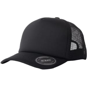 A black trucker cap featuring a solid front panel and mesh sides, designed for headwear.