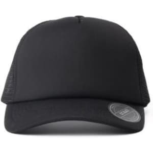 A black nylon foam trucker cap with mesh sides and a round logo on the front.