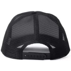 A black trucker cap featuring a mesh back and an adjustable snap closure. It has a logo on the side.