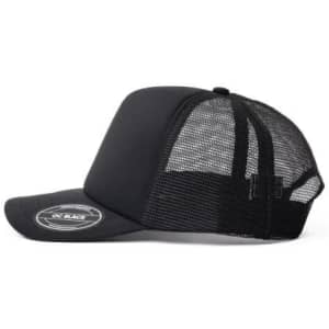 A black nylon foam trucker cap featuring a mesh back and a round logo on the front.
