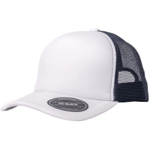A trucker cap featuring a white front and navy mesh sides, with a logo on the front.