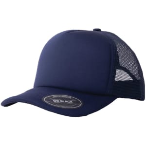 A navy trucker cap featuring a solid front and mesh back, with a logo present on the front panel.